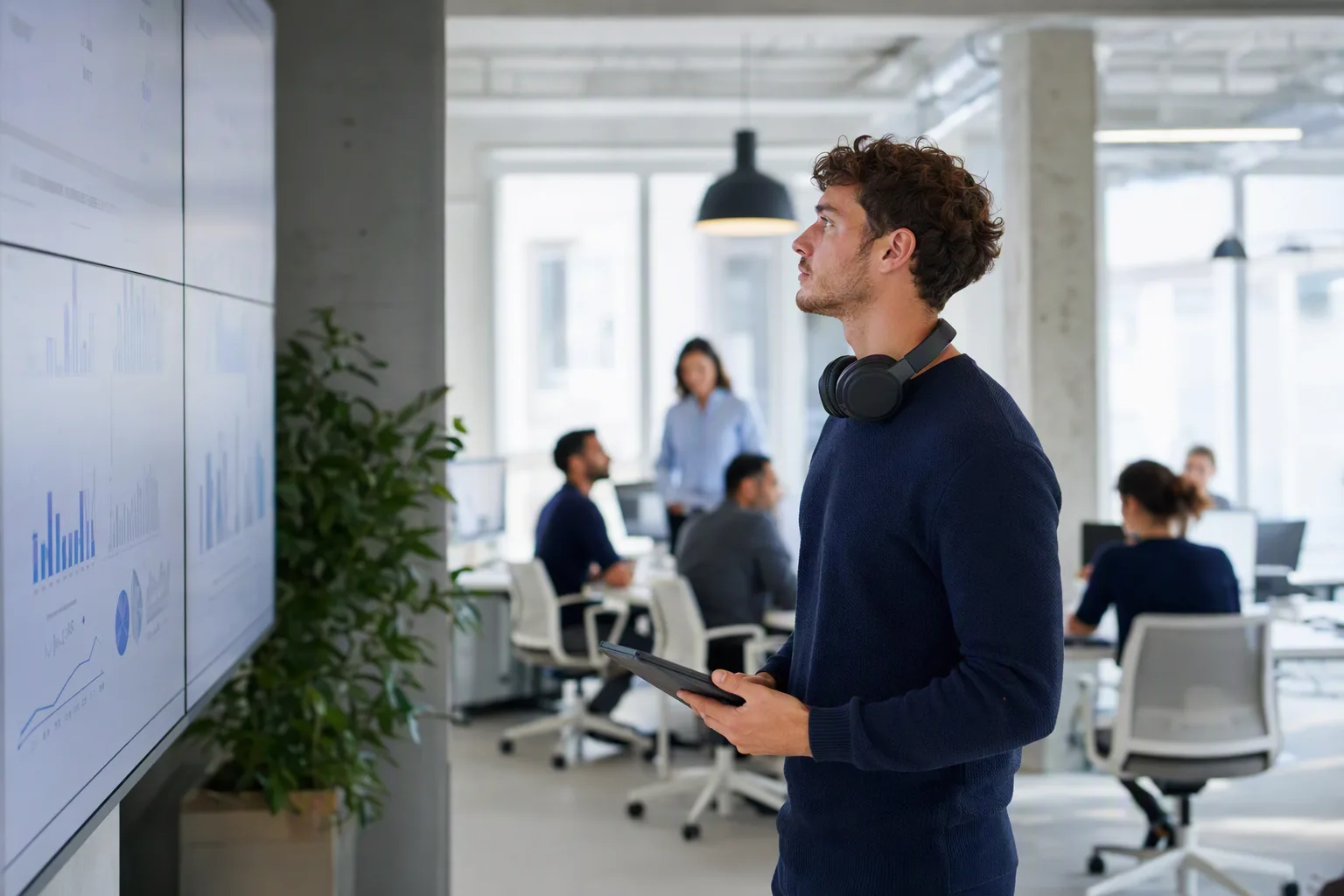 Un jeune homme, casque audio autour du cou, consulte son tableau de suivi de prospects sur un grand écran dans un bureau en open space